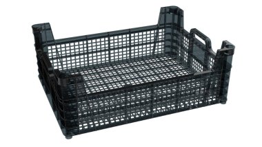 Arka planda izole edilmiş meyve ve sebzeler için boş plastik sandık. 3d görüntüleme - illüstrasyon