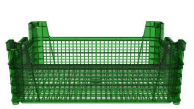 Arka planda izole edilmiş meyve ve sebzeler için boş plastik sandık. 3d görüntüleme - illüstrasyon