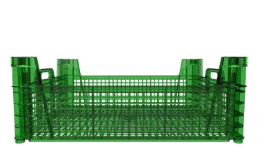 Arka planda izole edilmiş meyve ve sebzeler için boş plastik sandık. 3d görüntüleme - illüstrasyon