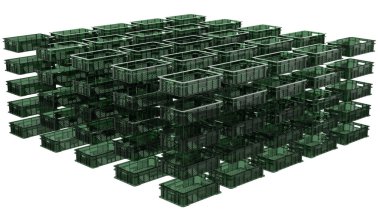 Arka planda izole edilmiş meyve ve sebzeler için boş plastik sandık. 3d görüntüleme - illüstrasyon