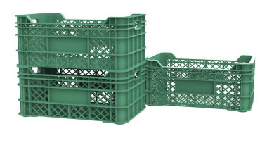 Arka planda izole edilmiş meyve ve sebzeler için boş plastik sandık. 3d görüntüleme - illüstrasyon