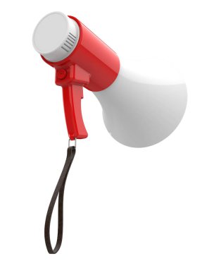 Beyaz arka planda megafon izole edilmiş. 3 boyutlu resimleme