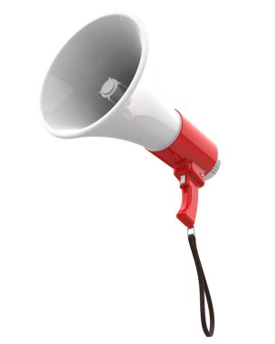 Beyaz arka planda megafon izole edilmiş. 3 boyutlu resimleme