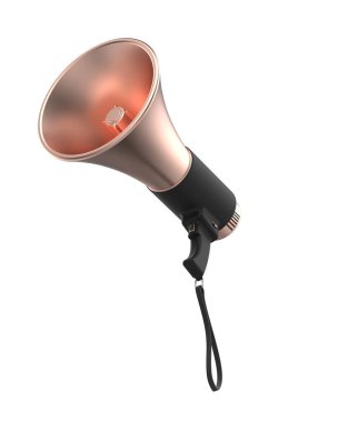 Beyaz arka planda megafon izole edilmiş. 3 boyutlu resimleme