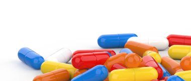 Beyaz arka planda izole edilmiş haplar. 3d görüntüleme - illüstrasyon