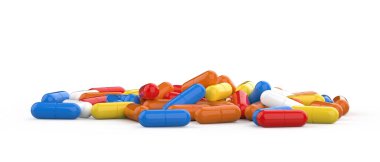 Beyaz arka planda izole edilmiş haplar. 3d görüntüleme - illüstrasyon