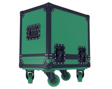 Arka planda maskeli müzikal ekipman kutusu var. 3d görüntüleme - illüstrasyon