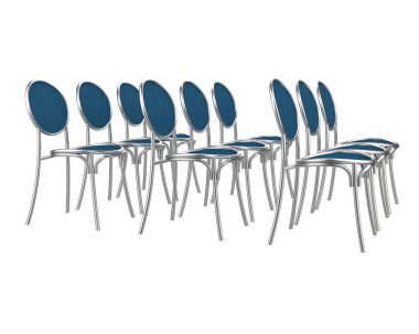 Beyaz arkaplanda 3 boyutlu mavi sandalyeler 