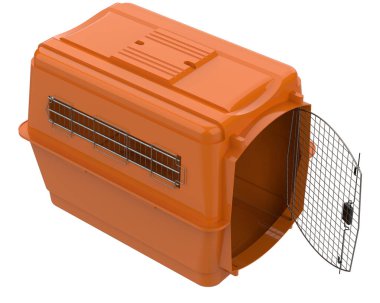 Gri arka planda izole edilmiş evcil hayvan kafesi. 3d görüntüleme - illüstrasyon