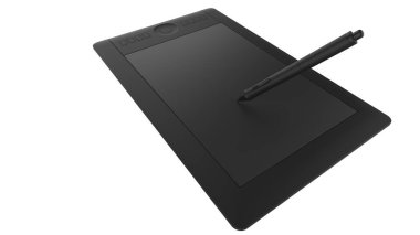Ressamlar ve tasarımcılar için kalemi olan grafiksel tablet, arka planda izole. 3d görüntüleme - illüstrasyon