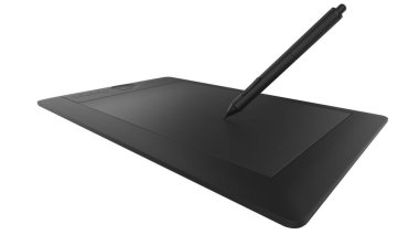 Ressamlar ve tasarımcılar için kalemi olan grafiksel tablet, arka planda izole. 3d görüntüleme - illüstrasyon