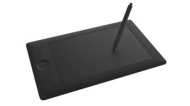 Ressamlar ve tasarımcılar için kalemi olan grafiksel tablet, arka planda izole. 3d görüntüleme - illüstrasyon
