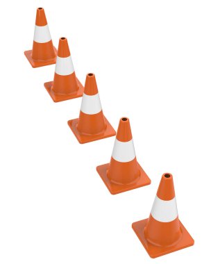 Beyaz arkaplanda trafik uyarı konileri izole edildi 