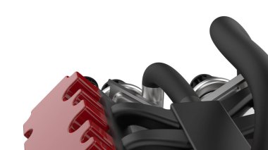 Beyaz arka planda araba motoru var. 3 boyutlu görüntüleme. Yan görünüm