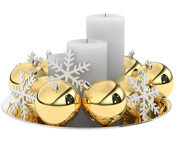 Weihnachtskugeln Mit Goldenen Kerzen Christbaumzweigen Und Weihnachtsschmuck Auf Weißem Hintergrund — Stockfoto