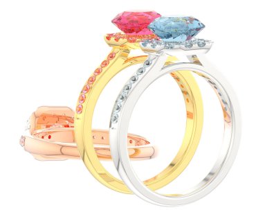 Beyaz arkaplanda izole edilmiş değerli yüzükler     