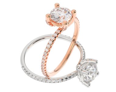 Beyaz arkaplanda izole edilmiş iki nişan yüzüğünün 3D çizimi 