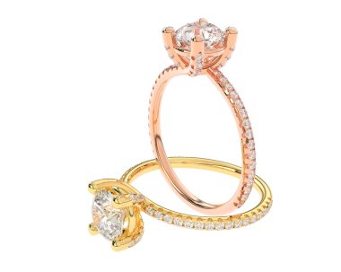 Beyaz arkaplanda izole edilmiş iki nişan yüzüğünün 3D çizimi 