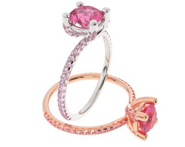 Beyaz arkaplanda izole edilmiş iki nişan yüzüğünün 3D çizimi 