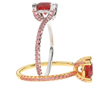 Beyaz arkaplanda izole edilmiş iki nişan yüzüğünün 3D çizimi 