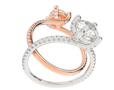 Beyaz arkaplanda izole edilmiş iki nişan yüzüğünün 3D çizimi 