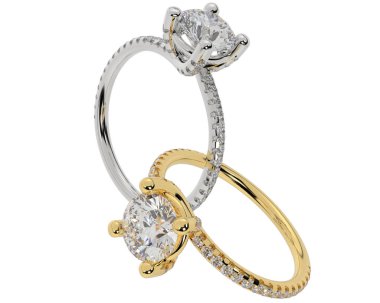 Beyaz arkaplanda izole edilmiş iki nişan yüzüğünün 3D çizimi 