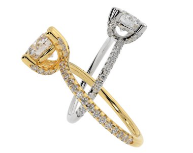 Beyaz arkaplanda izole edilmiş iki nişan yüzüğünün 3D çizimi 