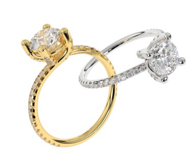 Beyaz arkaplanda izole edilmiş iki nişan yüzüğünün 3D çizimi 