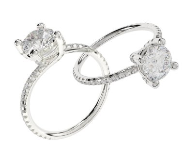 Beyaz arkaplanda izole edilmiş iki nişan yüzüğünün 3D çizimi 