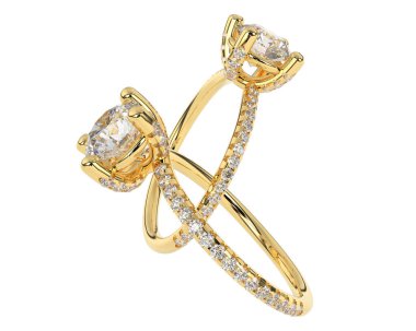 Beyaz arkaplanda izole edilmiş iki nişan yüzüğünün 3D çizimi 