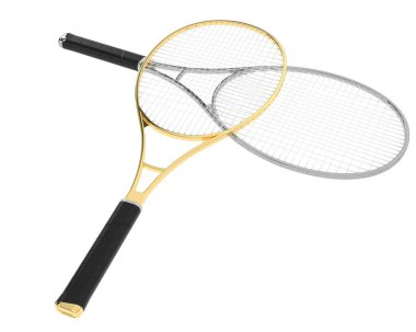 Beyaz üzerine izole edilmiş iki tenis raketinin 3D çizimi 