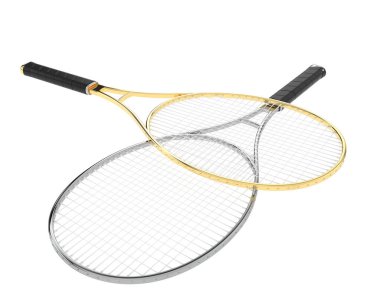 Beyaz üzerine izole edilmiş iki tenis raketinin 3D çizimi 