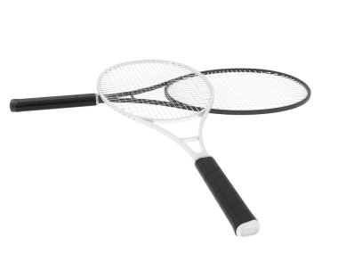 Beyaz üzerine izole edilmiş iki tenis raketinin 3D çizimi 