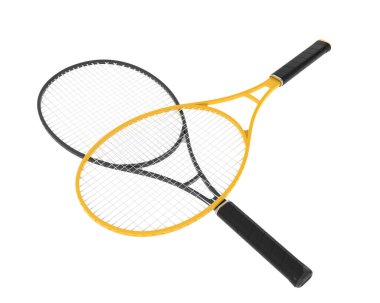 Beyaz üzerine izole edilmiş iki tenis raketinin 3D çizimi 