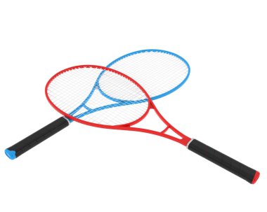 Beyaz üzerine izole edilmiş iki tenis raketinin 3D çizimi 