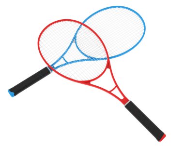 Beyaz üzerine izole edilmiş iki tenis raketinin 3D çizimi 