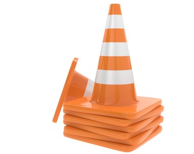 Arka planda trafik konileri izole edilmiş. 3d görüntüleme, illüstrasyon 