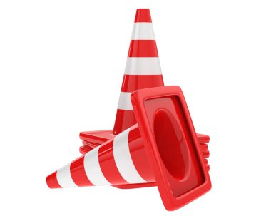 Arka planda trafik konileri izole edilmiş. 3d görüntüleme, illüstrasyon 