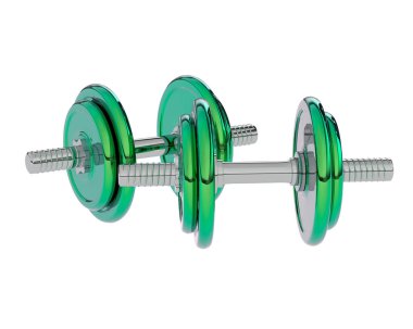 İki yeşil dumbell üzerinde beyaz izole 