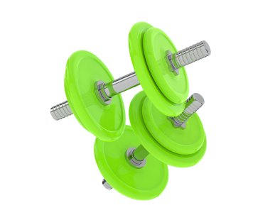 İki yeşil dumbell üzerinde beyaz izole 