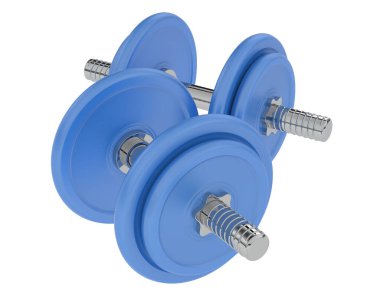 İki mavi dambıl beyaza izole edilmiş. 