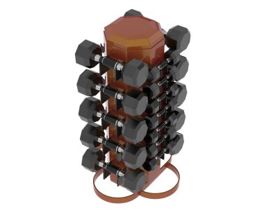 Arka planda halterleri olan ağırlık ağacı. 3d görüntüleme - illüstrasyon