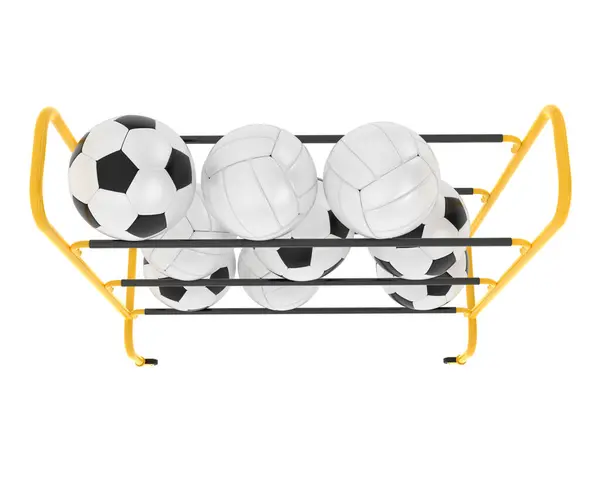 Sepak Bola Dan Bola Voli Rak Peralatan Olahraga Terisolasi Latar — Stok Foto