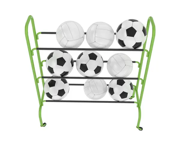 Fotboll Och Volleyboll Bollar Hyllan Sportutrustning Isolerad Vit Bakgrund — Stockfoto
