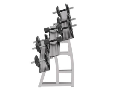 Beyaz arkaplanda dambılları olan şık bir spor salonu.