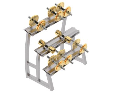 Beyaz arkaplanda dambılları olan şık bir spor salonu.