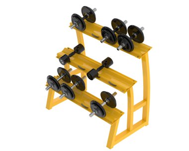 Beyaz arkaplanda dambılları olan şık bir spor salonu.