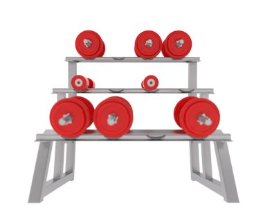 Beyaz arkaplanda dambılları olan şık bir spor salonu.