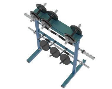 Spor masası, beyaz arka planda izole edilmiş spor aletleri.