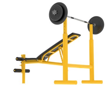 Spor salonunun 3D çizimi, spor aletleri, ayarlanabilir spor bankları. 